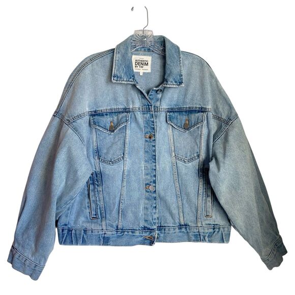 Zara Trafaluc Jean Jacket Women M Blue Denim Distressed Oversized Trucker Grunge - Picture 1 of 9